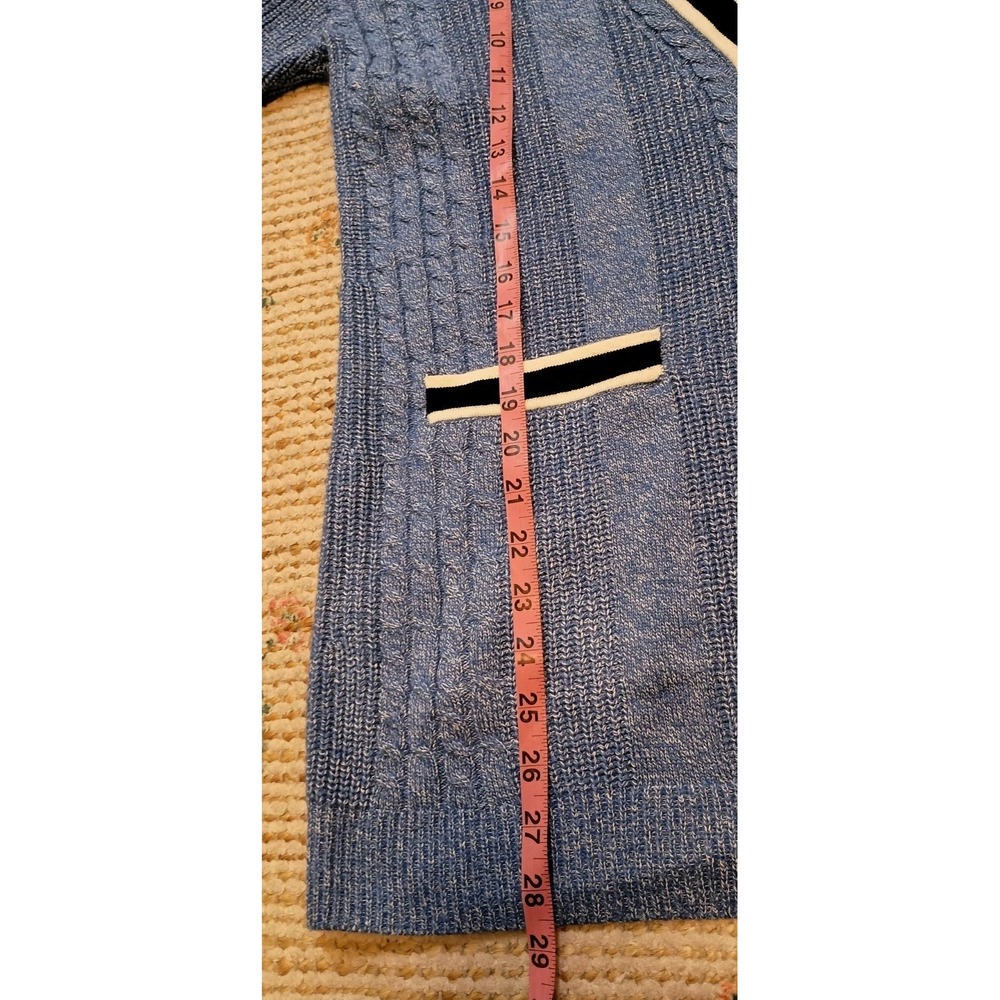 Talbots Petite MP Blue Cable Knit Cardigan Sweater Longline Contrast Trim Preppy - Picture 9 of 10